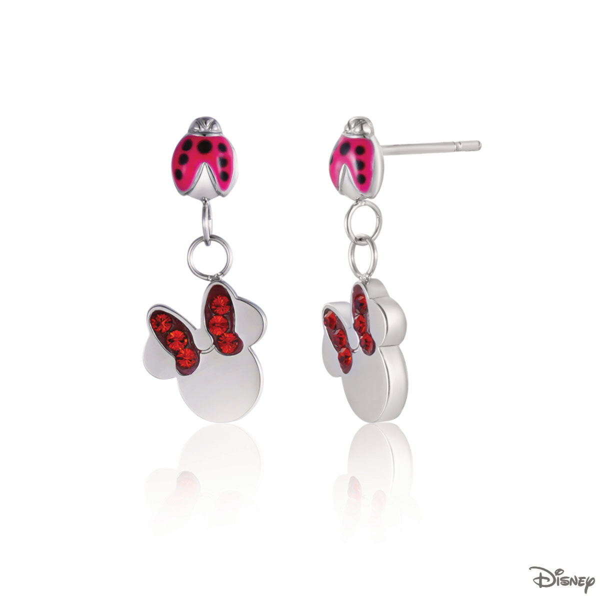 Kolczyki stalowe z czerwonymi cyrkoniami - kokardki - biedronka - Myszka Minnie - Disney