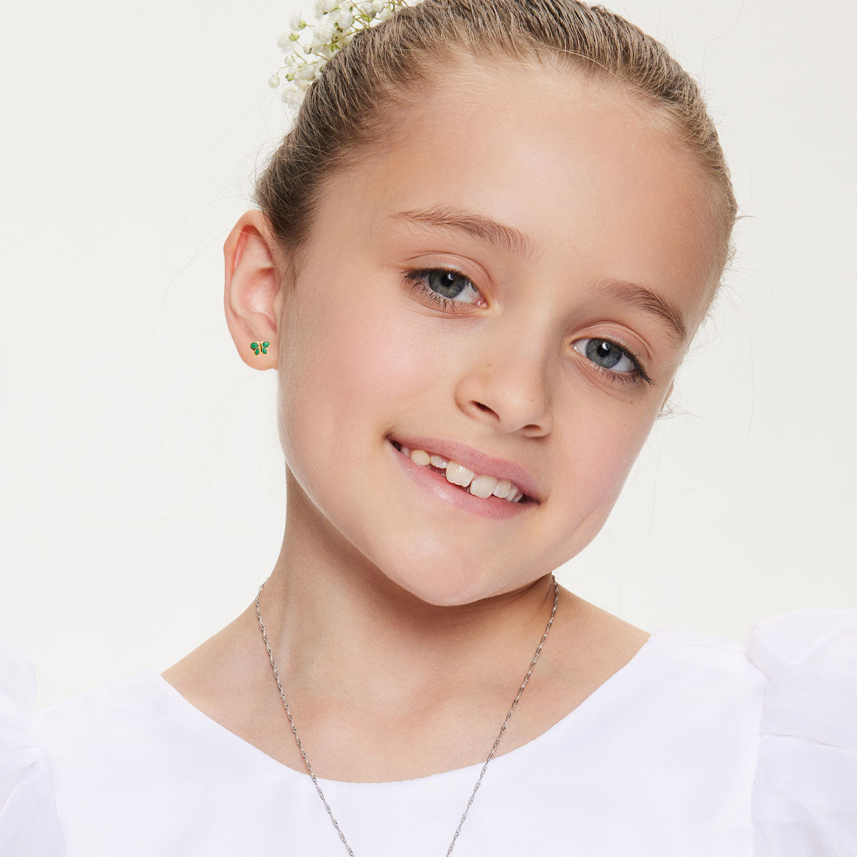 Kolczyki złote z zieloną emalią - motyle - Bambini