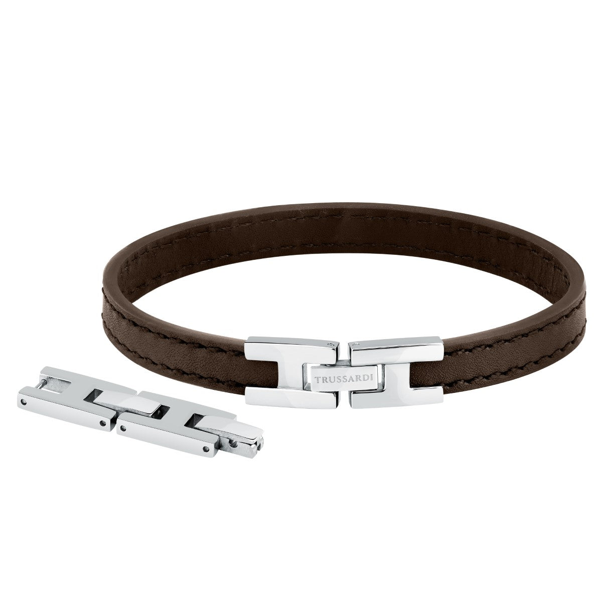 Bransoletka stalowa z brązową skórą - Trussardi - T-Leather