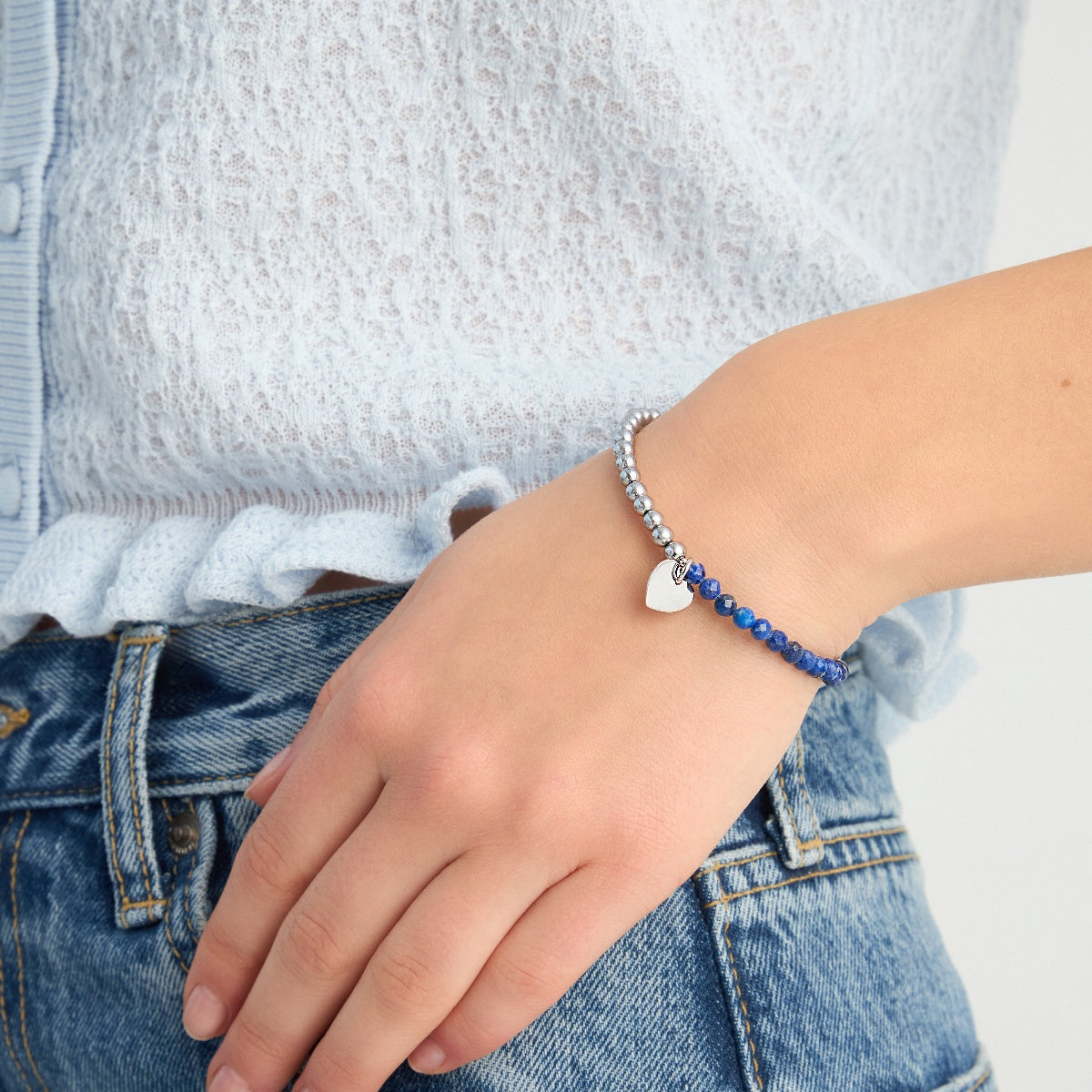 Srebrna bransoletka kulki lapis lazuli i hematyt - serce