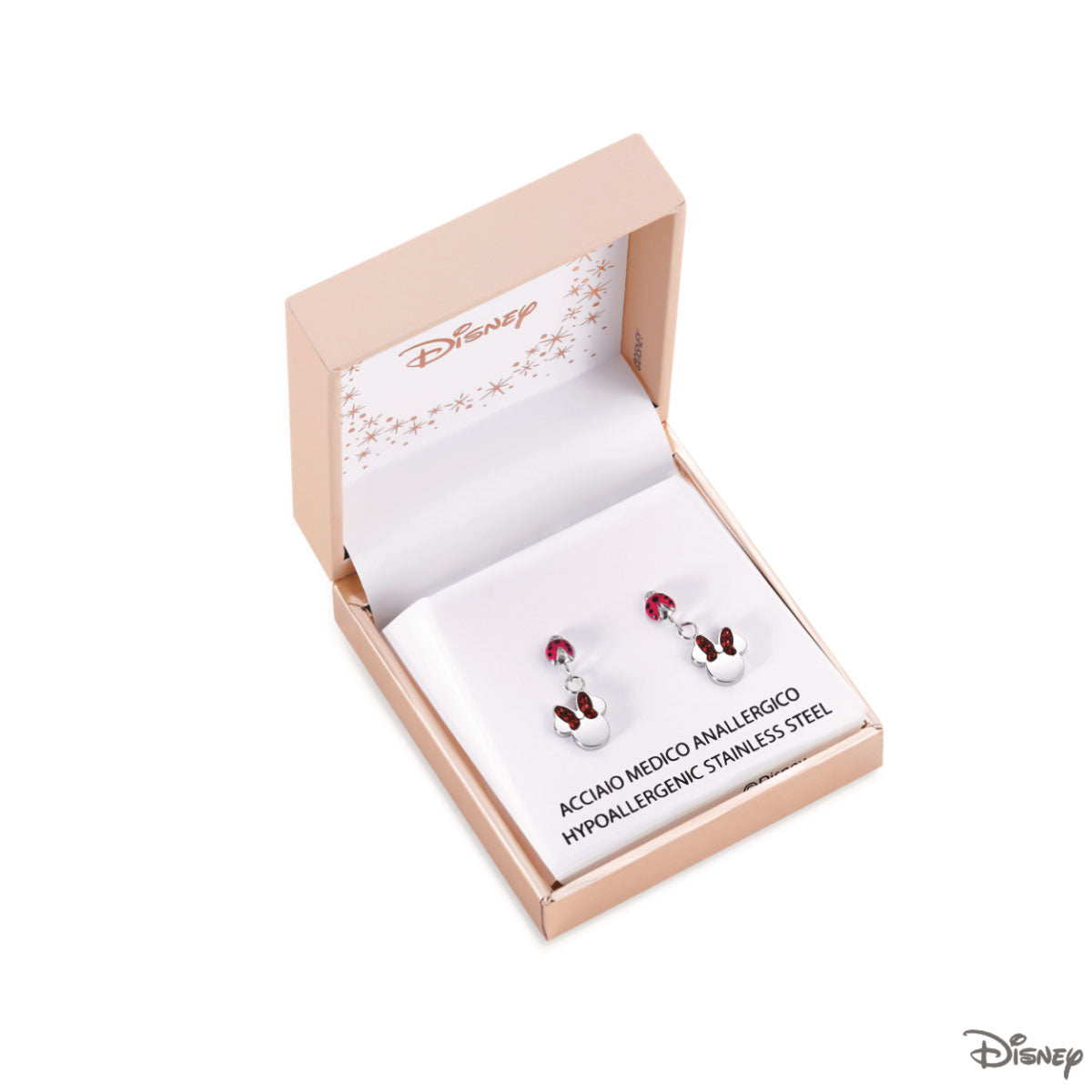 Kolczyki stalowe z czerwonymi cyrkoniami - kokardki - biedronka - Myszka Minnie - Disney