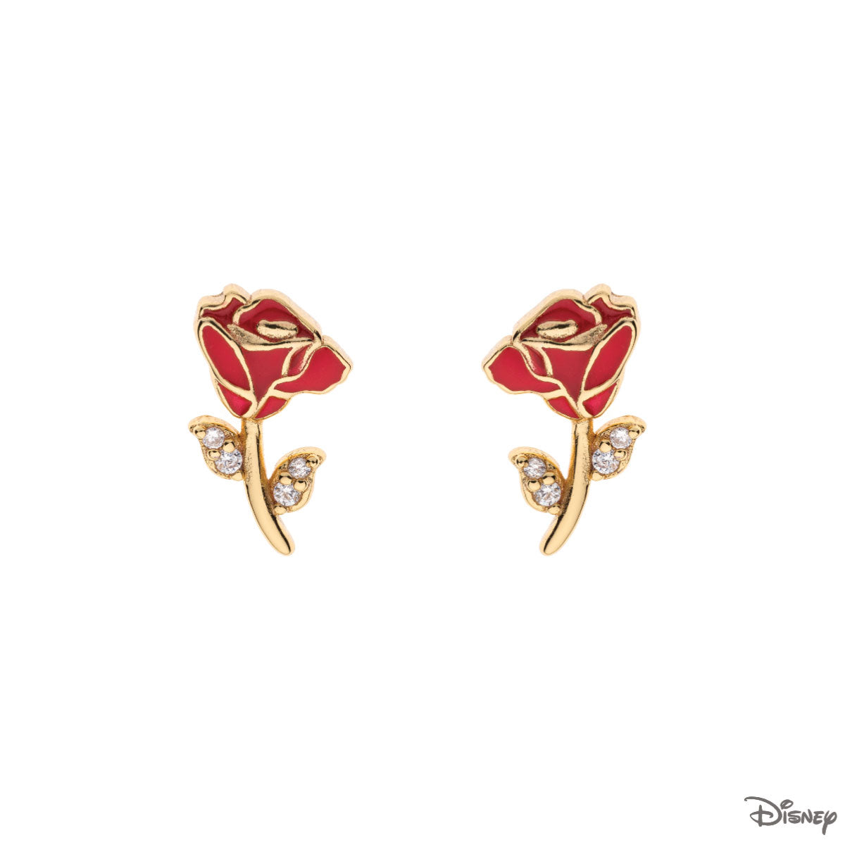 Kolczyki srebrne pozłacane z czerwoną emalią - róże - Disney