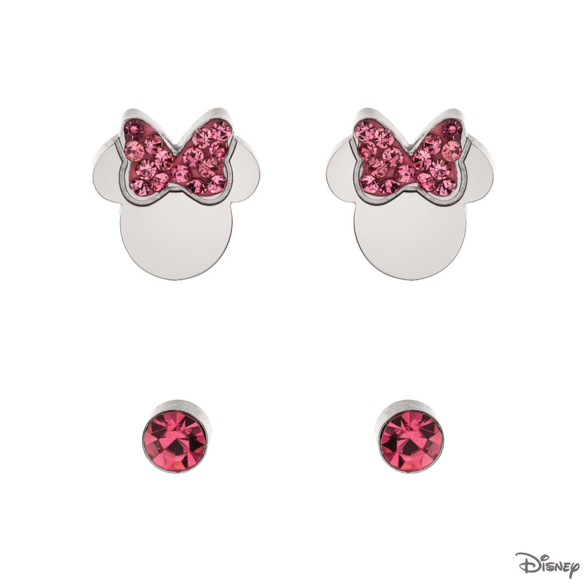 Zestaw kolczyków z różowymi cyrkoniami - kokardki - Myszka Minnie - Disney