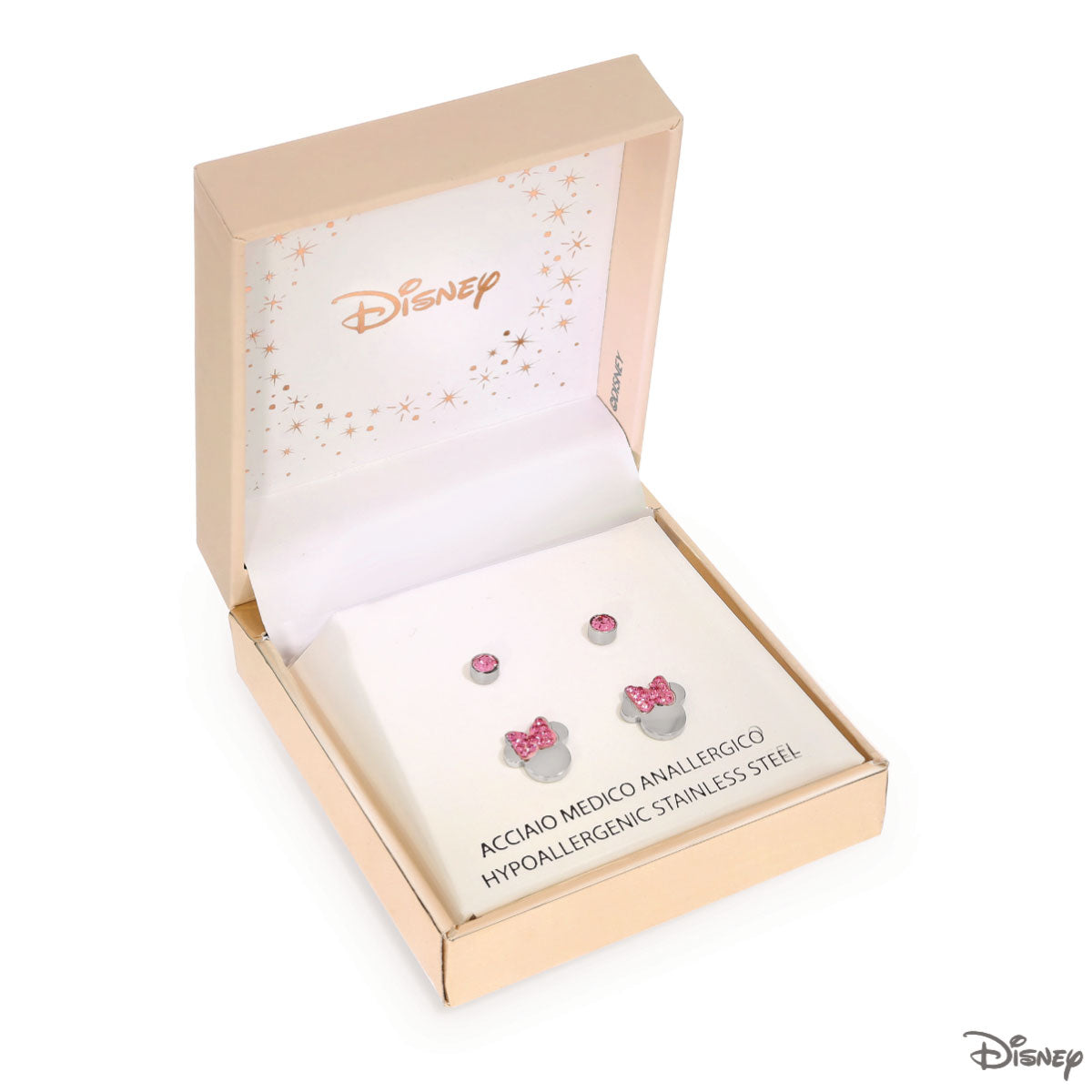 Zestaw kolczyków z różowymi cyrkoniami - kokardki - Myszka Minnie - Disney